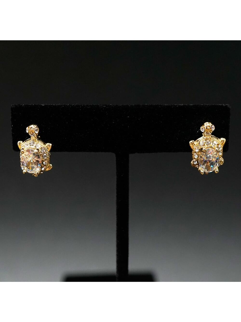 Turtle Huggie Crystal Pierced Earrings Gold Tone Lever Back Dainty Vintage Style